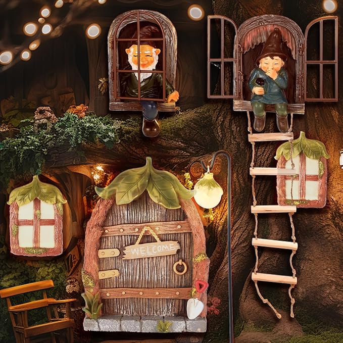 7 Pcs Fairy Garden Accessories Tree Hugger Gnome Statue Tree Faces | Fairy Door Window Set Dwarf Elf Landscape Figurine Out The Door Resin Sculpture Hanging Decor Fresh for Trees Outdoor Decor