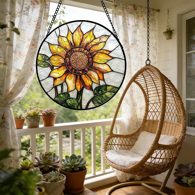DASTOLL Stained Glass Window Hanging - Sunflower Flower Suncatcher Ready to Hang Window Doors Home Decoration and Christmas, Mother's Day Birthday Gifts for Women, Men, and Mom 9.8x9.8 in