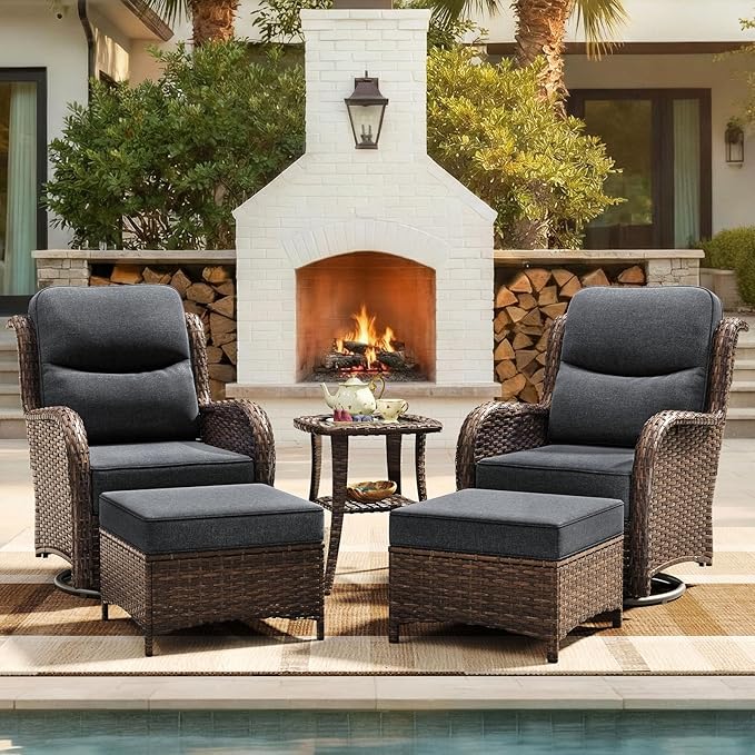 HILLGA 5-Piece Luxury Patio Furniture Set with 6" Thick Cushions, Weather-Resistant Wicker High Back Swivel Rocker Chairs, Senior-Friendly Conversation Set for Small Porch, Deck and Sunroom, Gray(V2)