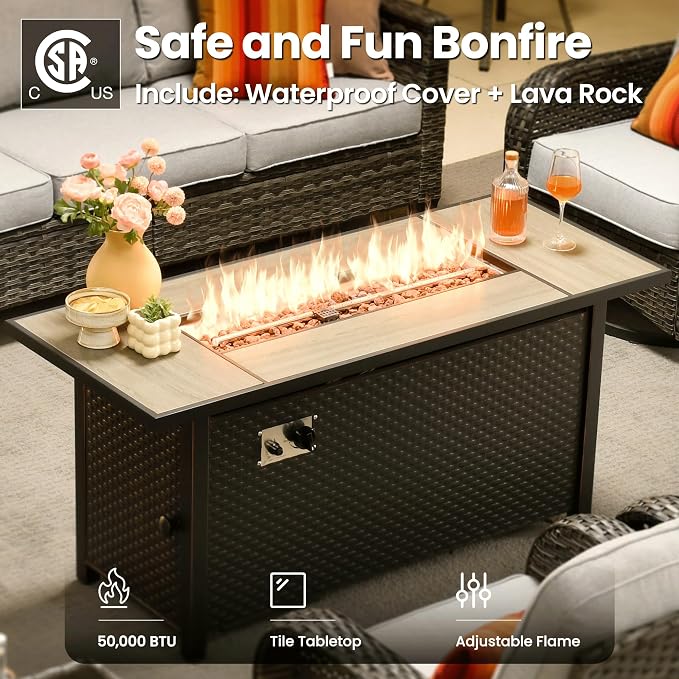 ovios 10 Pieces Patio Furniture Set, Outdoor Wicker Sofa Couch with Swivel Glider Chairs Solar Light Table Fire Pit, Modern Deep Seat Rattan Conversation Sets, Grey