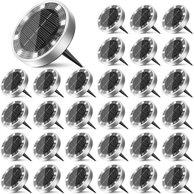 30 Pack Solar Ground Lights Outdoor, 8 LED Mini Flat Solar Disc Lights, IP65 Waterproof Pathway Lights Solar Powered, Landscape Lighting for Garden Walkway Driveway Yard Lawn,Cool White