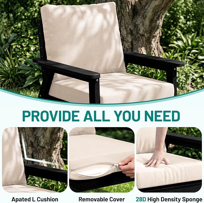 PLUUV 7-Piece Outdoor Patio Furniture Set, HDPE All-Weather Sectional Sofa Set with Thick Cushions, Modular Conversation Set for Deck, Lawn, Porch, Black Frame with Khaki Cushion