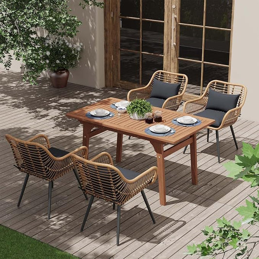 JOIVI 5 Pieces Outdoor Dining Set, Patio Table and Chairs Set for 4, Patio Outdoor Furniture Set with Extendable Dining Table for Porch, Deck, Bistro, Backyard, Garden, Black