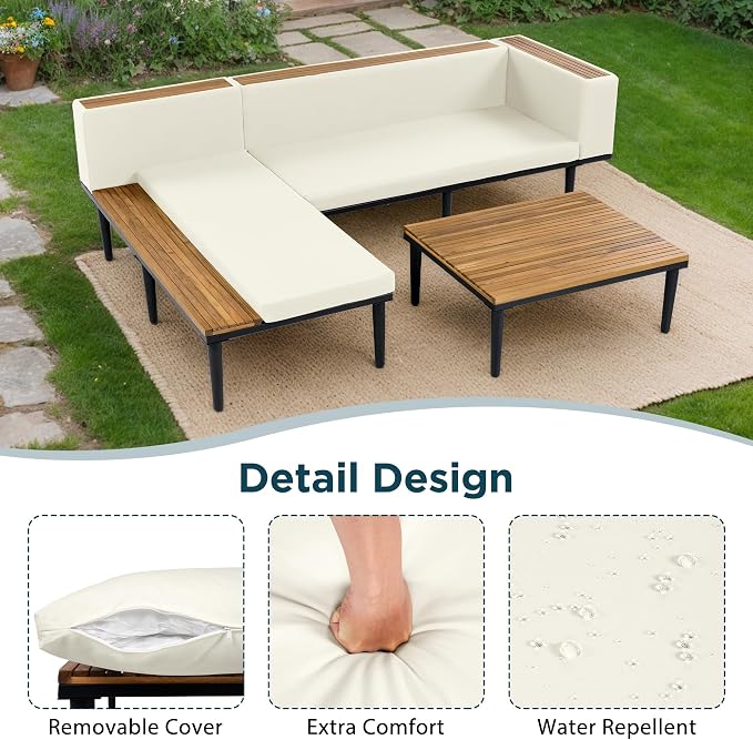 L-Shaped Outdoor Sofa Set with Removable Cushions, Acacia Wood Sectional Sofa Set with Coffee Table & Side Table, Conversation Furniture Set for Porch Backyard Balcony Deck Poolside, Beige