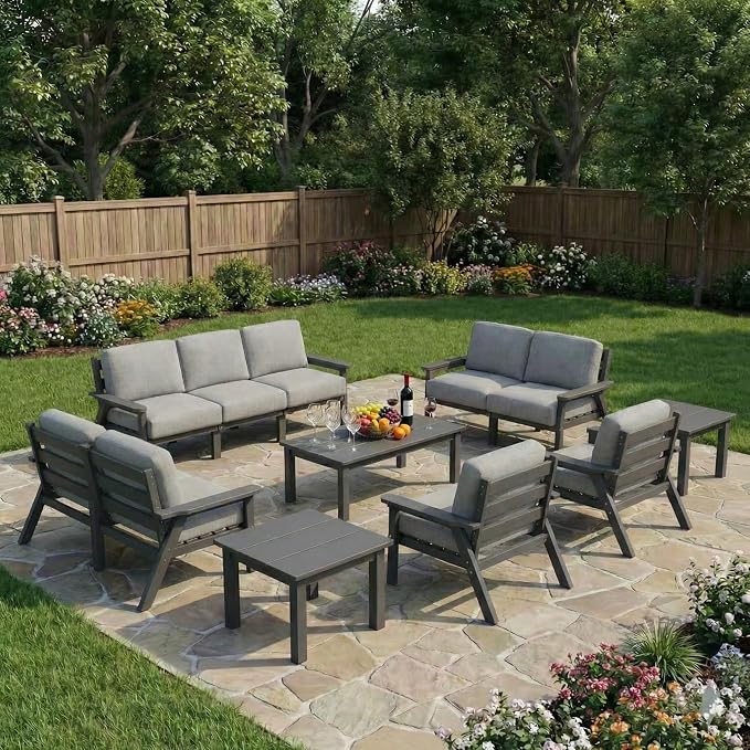 Kingdura HDPE Patio Furniture Set, 12 Piece Outdoor Sectional Sofa with Coffee Table & Side Table, All Weather Outdoor Couch Conversation Set with Washable Cushions for Backyard Poolside Balcony