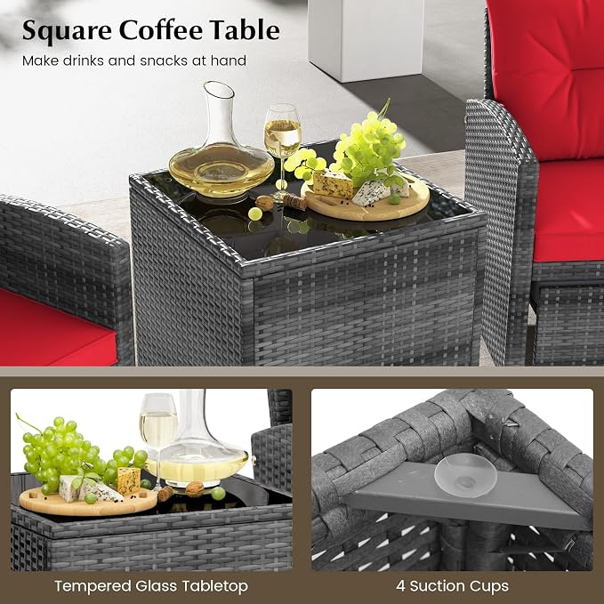 COSTWAY 5-Piece Rattan Conversation Set, Outdoor Wicker Sofa, Tempered Glass Coffee Table & Ottomans for Small Space, Boho Chic Indoor/Outdoor Furniture Set for Poolside, Backyard, Deck (Red)
