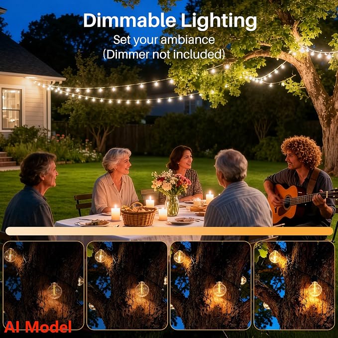 25 FT 2200K Outdoor String Lights,13 Plastic Edison Bulbs, E12 Base | G40 globe shatterproof bulbs, IP65 waterproof, dimmable LED, for backyard porch balcony party decor