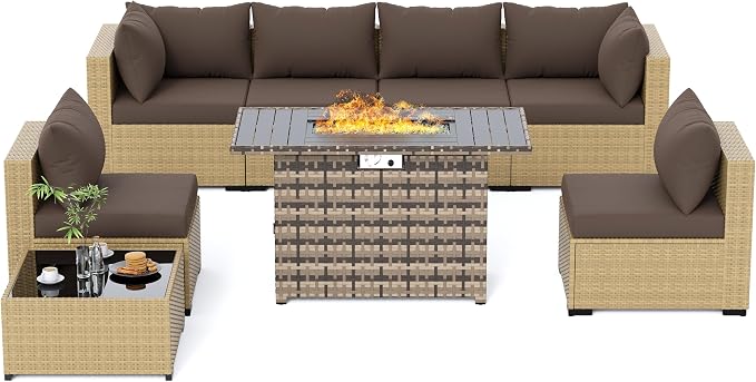 UDPATIO Furniture Set with Fire Pit Table, 8 Piece Sectional Sofas, All-Weather Wicker Conversation for Garden, Backyard, Yellow/Brown