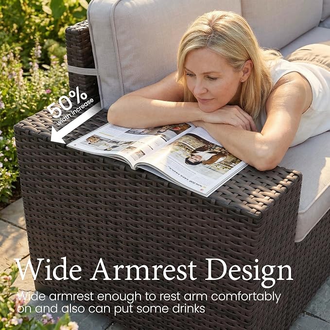 LayinSun 7 Pieces Outdoor Patio Furniture Set with 44" Fire Pit Table Brown Rattan Sectional Sofa Conversation Sets
