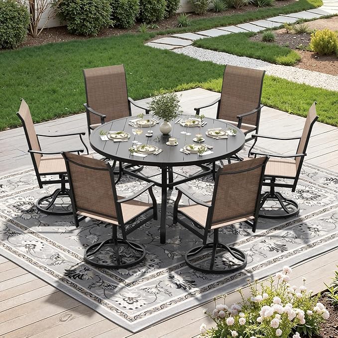 Soohow Outdoor Dining Set for 6, 7-Piece Round Table Patio Dining Set, 6 x Swivel Patio Chairs and 1 x 47 Round Outdoor Dining Table, for Poolside, Backyard and Proch
