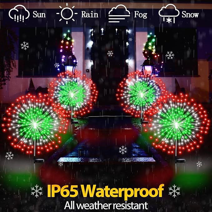 Tujoe Halloween Decoration Outdoor 4 Pack Solar Firework Light with 180 LED Halloween Solar Lights 8 Lighting Modes for Yard Garden Pathway Party Decoration(Red, White, Green)