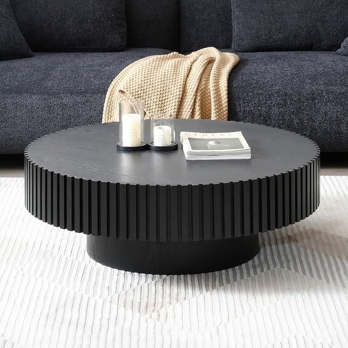 Round Coffee Table, Natural Wood, Modern Style, Slatted Base Design, Living Room Table (Black, 31.49)