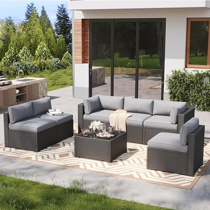 LazySunsets 7 Piece Outdoor Patio Furniture Set with Coffee Table, Outdoor Patio Furniture Sets with 4'' Thicken Cushion, Wicker Rattan Outdoor Conversation Set for Backyard, Light Grey