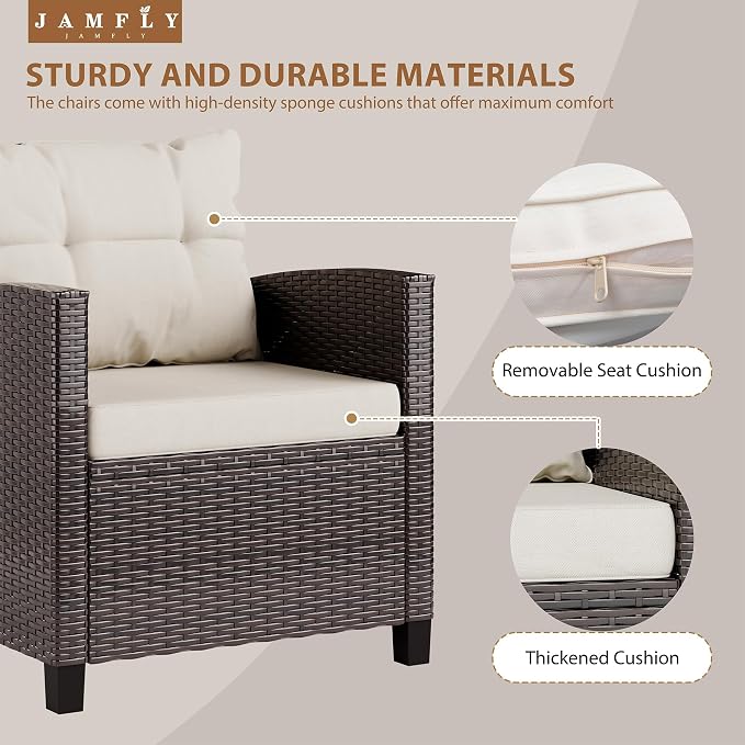 JAMFLY 3 Piece Wicker Patio Furniture Set - Outdoor Rattan Conversation Set with Soft Cushions & Glass Coffee Table for Balcony, Porch, Small Backyard - All Weather Beige Bistro Set, Beige