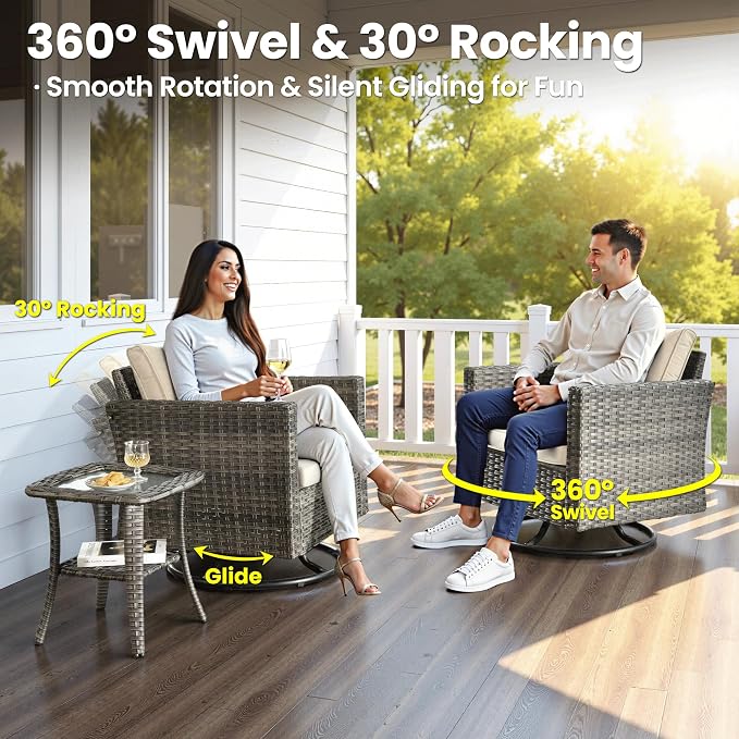 ovios 6 Pieces Patio Furniture Set, Outdoor Wicker Rattan Sofa Couch with Swivel Glider Chairs Comfy Cushions, Modern Conversation Set for Deck Backyard Porch, Beige