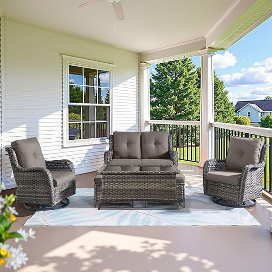 Belord 6 Piece Wicker Patio Furniture Set, Outdoor Swivel Rocker Chairs Set of 2 with Ottomans and Loveseat, All Weather Patio Conversation Furniture Set, for Pool,Yard,SunroomGray Wicker/Gray