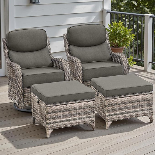 Rilyson Outdoor Patio Furniture Set - Weather Resistant Wicker,High Back,6 inch Cushions,4 Piece Patio Furniture Set with Swivel Rocker Chairs and Ottomans for Deck Porch Yard,Mixed Grey/Grey