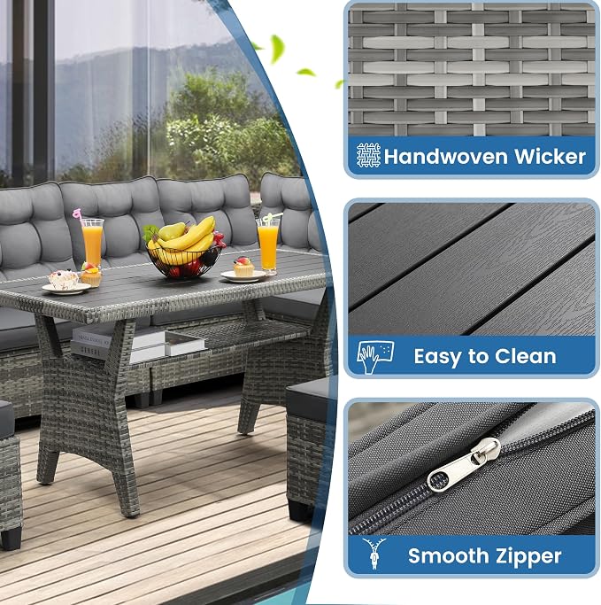KROFEM 6 Piece Patio Furniture Set, Dining and Conversation Set, Grey | UV Treated Wicker, Machine Washable Cushions, Seats 7, 2 Ottomans, 3 Sofa Section, Dining Table, Rustproof Frame