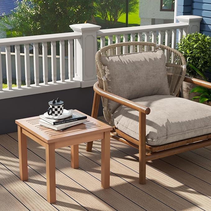 HAPPYGRILL Outdoor Side Table Eucalyptus Wood Square End Table, Wood Patio Table with Slatted Tabletop for Backyard Poolside Porch