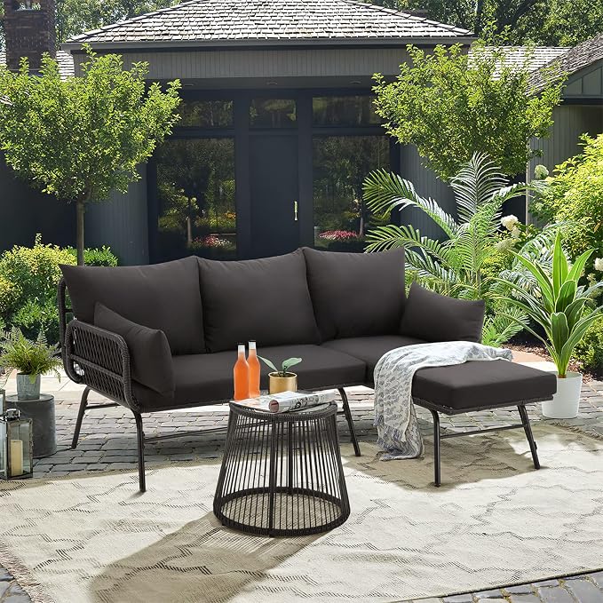 EROMMY 3 Piece Patio Conversation Sets, L-Shaped Sectional Patio Furniture Sofa Set with Thick Cushions and Toughened Glass Coffee Table for Backyard Balcony Garden Porch, Black