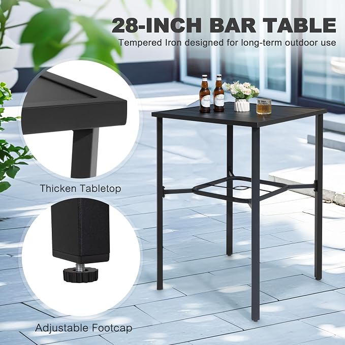 NUU GARDEN 3-Piece Outdoor Swivel Bar Set, All-Weather Textilene High Bistro Stools and 28" Square Bar Table with Slatted Top and Umbrella Hole for Patio Garden Backyard Balcony, Gray and Black
