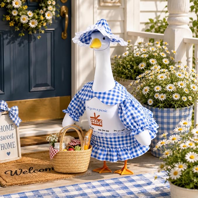 Picnic Porch Goose Outfits, 23 Inch Porch Goose Summer Outfit, Goose Outfit Spring Picnic Theme, Goose Clothes for Cement Geese Outdoor Garden Yard Decor