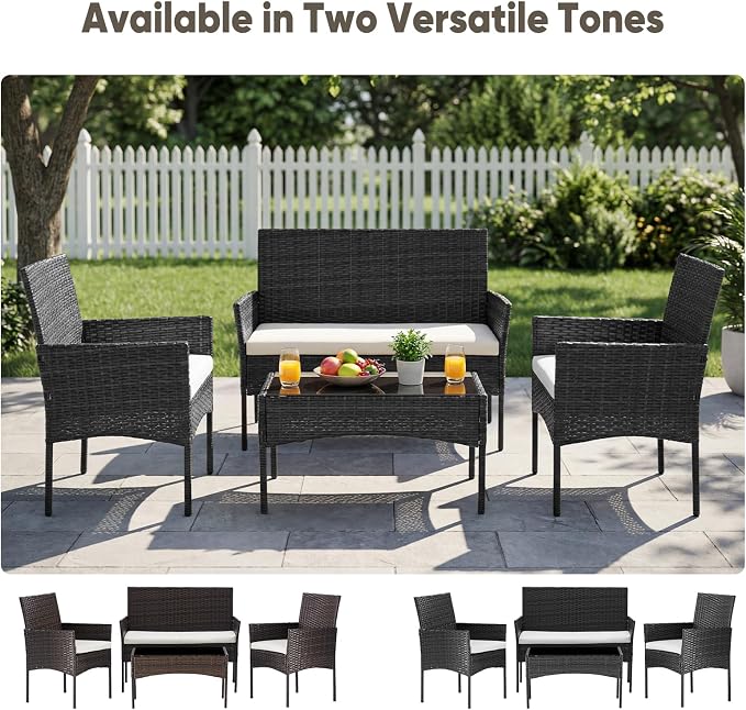 DUMOS 4 Piece Patio Furniture Set, All-Weather Outdoor Wicker Conversation Set with Removable Cushions & Tempered Glass Coffee Table, for Porch, Balcony, Lawn, Backyard Black
