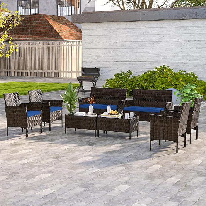 4 Piece Patio Furniture Set, Sectional Conversation Sofa Set with Glass Coffee Table, Cushions & Loveseat, Wicker Outdoor Table and Chairs for Pool, Garden, Deck, Backyard (2, Navy)