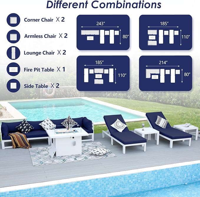 RADIATA 9 Pcs Oversized Contemporary Aluminum Patio Furniture Set, All Weather Modular Sectional Sofa with Tanning Chair & Fireplace, 500 lbs Heavy Duty Comfy Outdoor Couch for Beach Deck, Navy Blue