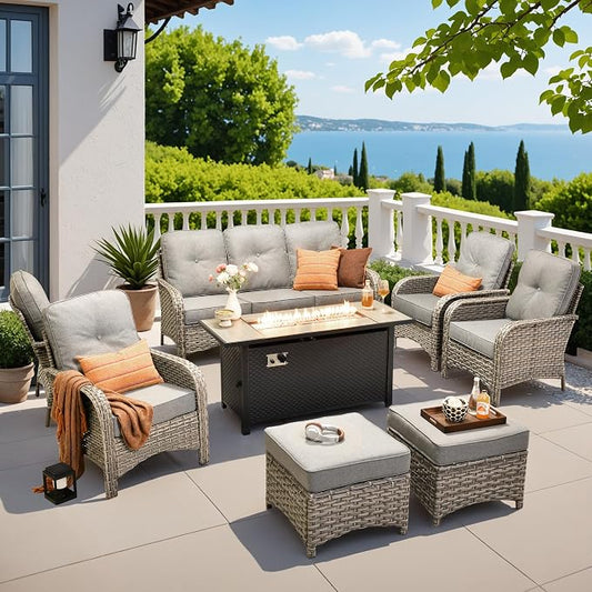 8-Piece Outdoor Patio Furniture Set with Fire Pit Table,All Weather Wicker Rattan Patio Seating Sofa and Chair Set with Ottomans,Outdoor Conversation Sets w/ 3 Seater Couch for Porch Deck Yard,Grey