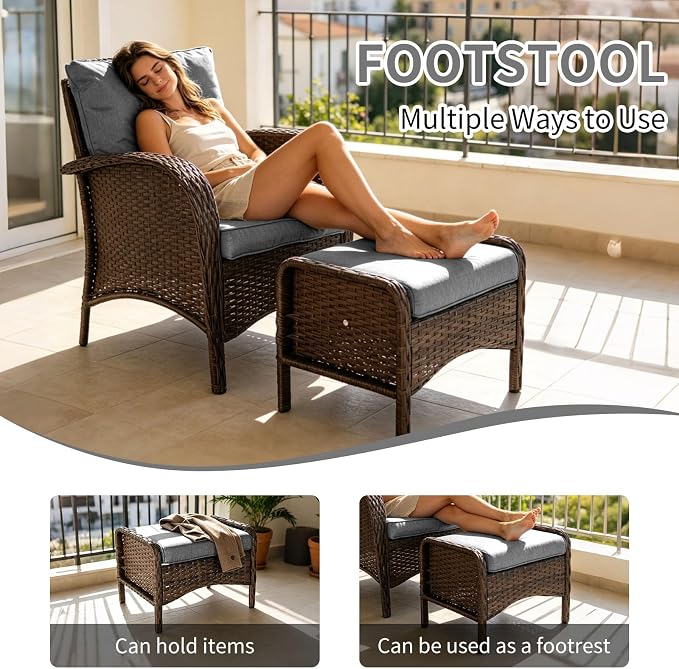 Outdoor Swivel Rocker Patio Chairs (Brown Wicker/Grey Cushion, 6PC/Sofa & Chair &Coffee Table & Ottomans)