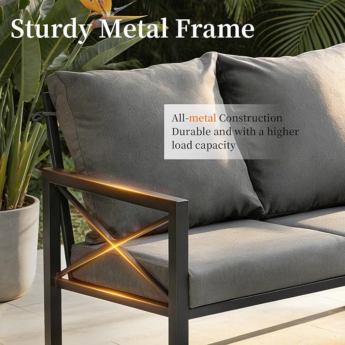 4-Piece Patio Furniture Set – All-Metal Outdoor Sectional Couch with X-Shaped Armrests, 4" Cushions & Coffee Table, Modern Patio Conversation Set for Porch, Balcony, or Deck (Grey)