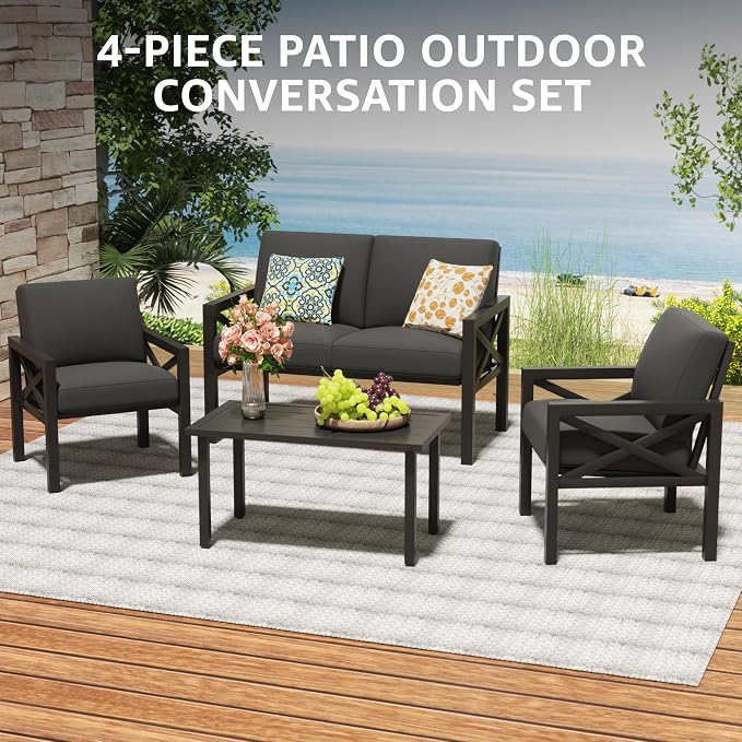 NATURAL EXPRESSIONS Outdoor Patio Furniture 4 Pieces Set, Modern Patio Conversation Sets, Outdoor Sectional Metal Sofa with 5.5 Inch Cushion and Coffee Table,Black