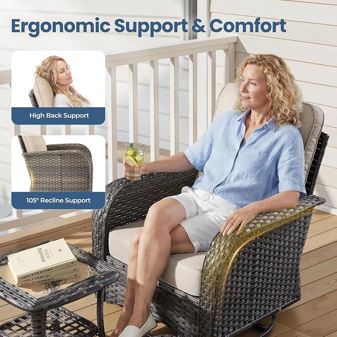 Weaxty Wicker Patio Furniture Set with Swivel Rocker Chairs Outdoor Loveseat Sofa and Rattan Coffee Table, 5 Pieces Outdoor Conversation Sets for Patio Porch Deck Backyard Poolside, Black