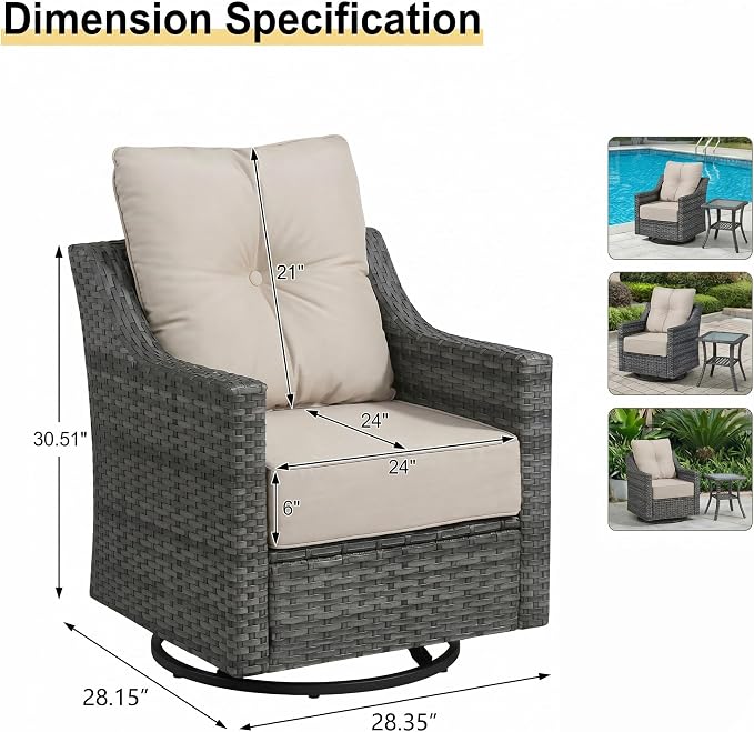 7 Piece Wicker Patio Furniture Set with 6" Thick Cushions, High Back Wicker Swivel Rocker Chairs, All Weather Conversation Set for Porch Deck Backyard Poolside (Beige)