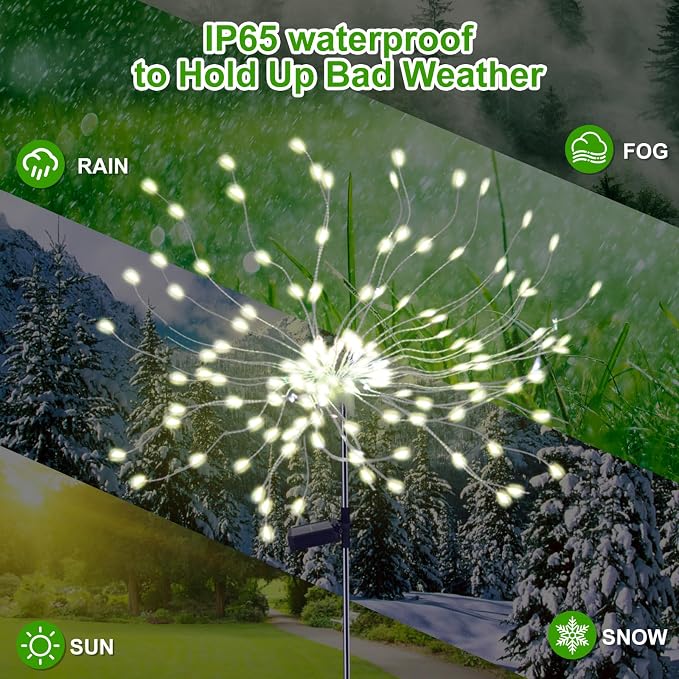 PXBNIUYA 4 Pcs Solar Garden Light Outdoor,175 LED Solar Firework Lights for Yard, 2 Modes IP67 Waterproof Copper Wire DIY Decorative Light, Starburst Lights for Party Patio（Warm White）