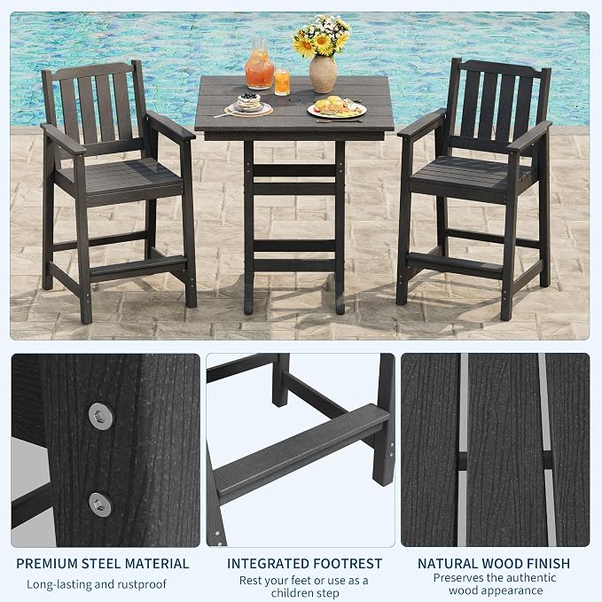 Takywep 31.5" Square HDPE Wood Grain Outdoor Bar Table, 39.6" High Weatherproof Pub Table for Patio and Poolside, Tall Bistro Table with 300 Lb Weight Capacity and Umbrella Hole, Dark Grey