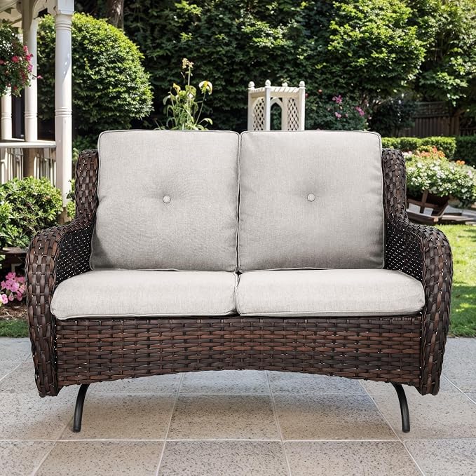 Patio Loveseat Glider Set, Resin Wicker Loveseat Glider with 2 Swivel Patio Chiars Coffee Table and Side Table, 5 Piece Patio Furniture Loveseat Set, Brown Wicker|Beige Cushions
