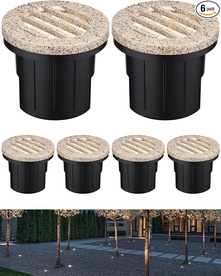 LEONLITE 6-Pack Dia. 4 Inch 3000K Well Lights Grated Top Rock Color | 12-24V AC/DC, CRI90, Landscape LED In Ground Outdoor, Low Voltage Garden Landscaping, Warm White, Aluminum