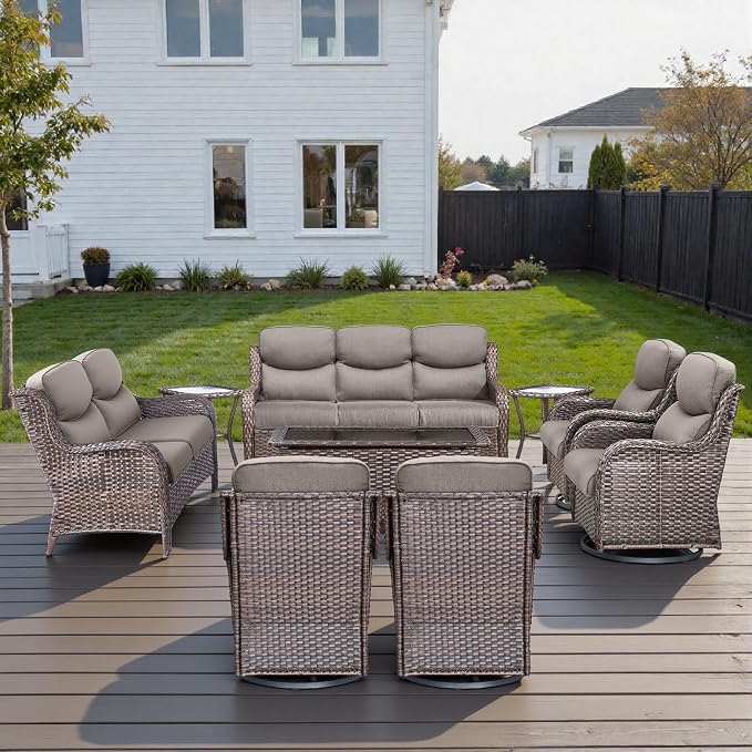 Outdoor Swivel Rocker Patio Chairs Set of 7 with 5" Thick Cushions ,7 Piece Furniture Set with Fire Pit Table All Weather Wicker Conversation Set for Porch Deck - Brown Wicker | Gery Cushions