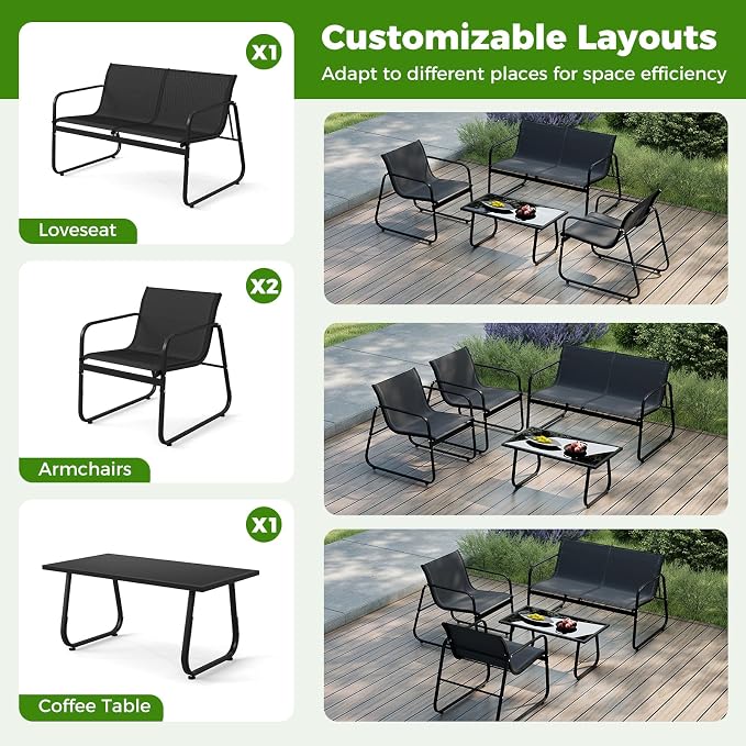 Tangkula 4 Piece Patio Furniture Set, Outdoor Metal Conversation Chair & Coffee Table Set with Mesh Seat Fabric & Tempered Glass Tabletop, Outside Bistro Set for Backyard, Porch, Poolside (Black)