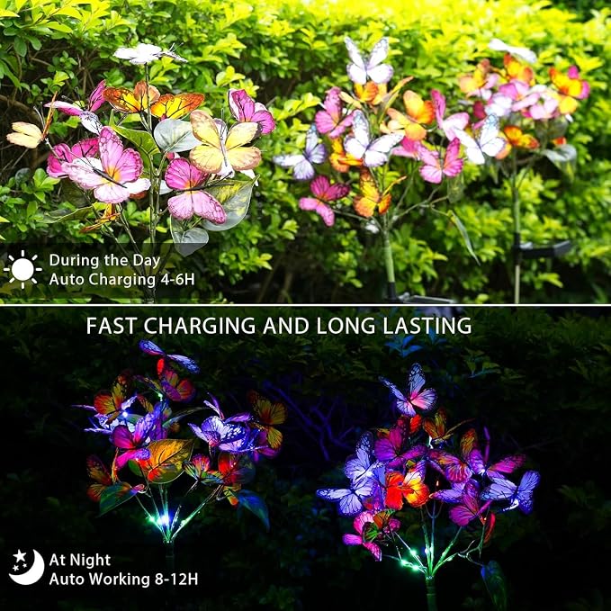 Adecorty Solar Garden Lights Outdoor Waterproof Decorative Solar Lights Outdoor 8 Pack with 176 LED 136 Butterfly Flower Garden Decor Yard Decorations Patio Lawn, Gifts for Mother's Day Mom Women