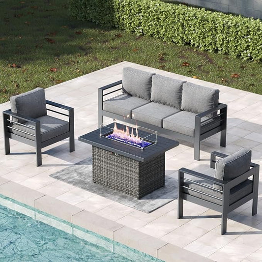 4 Pieces Aluminum Outdoor Patio Furniture Set with Fire Pit Table, Modern Metal Conversation Sofa Set with Deep Seating