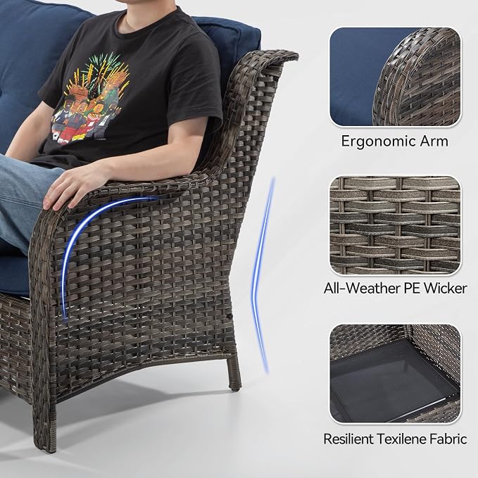 Outdoor Wicker Couch Set 6 Pieces - Outdoor Wicker Patio Furniture Set with 2 Armchairs, 2 Couch and 2 Ottomans, Olefin Cushions Included(Mixed Grey/Blue)