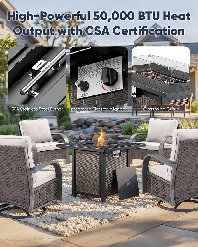 HUMMUH Outdoor Furniture with Fire Pit - Patio Table and Chairs Set of 4 Swivel Patio Chairs for Deck Porch Garden Poolside Backyard - Brown/Beige