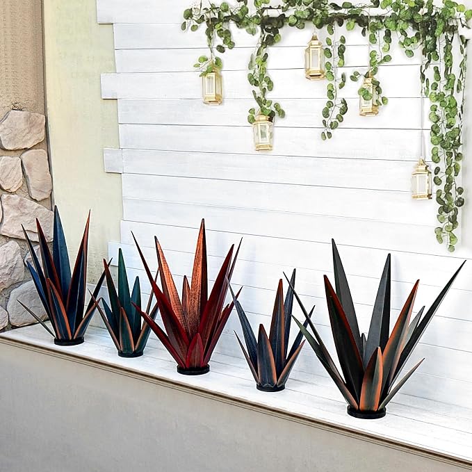 KODIBO 24" Large Metal Agave Plant Outdoor Decor with Solar Light, Red | Solar Garden Light, Outdoor-Resistant Metal, Tequila Rustic Sculpture, Mexican Style Garden Patio Decor, Housewarming Gift
