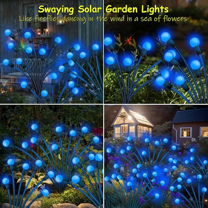 Kohlrabi Solar Garden Lights Outdoor, 4 Pack 32 LED Solar Blue Firefly Lights Waterproof, Starburst Wind Swaying Light for Outside Yard Patio Planter Flower Bed Walkway Christmas Decoration