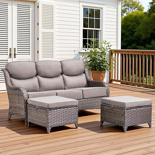 3 Pieces Patio Furniture Sofa Set with 6" Thick Cushions, High Back Wicker Sectional Outdoor Sofa with Ottoman, Outdoor Conversation Set for Balcony Deck Porch Backyard, Brown/Grey