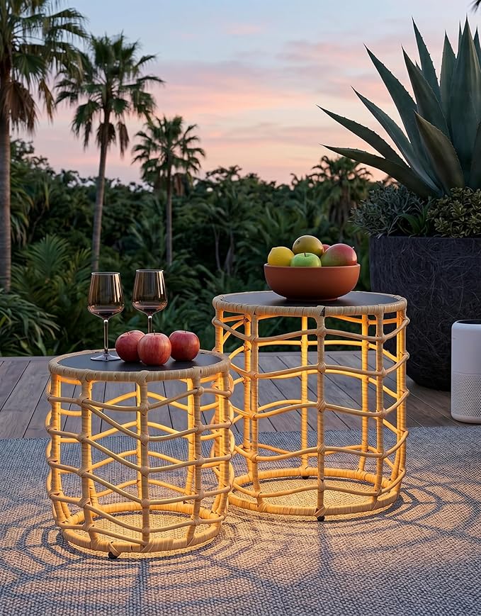 PARTPHONER Boho Solar Outdoor Side Table with Built-in Lights Set of 2, All-Weather Wicker Nesting Tables, Round Waterproof Accent End Table Design for Patio, Porch, Garden & Balcony, Natural Brown