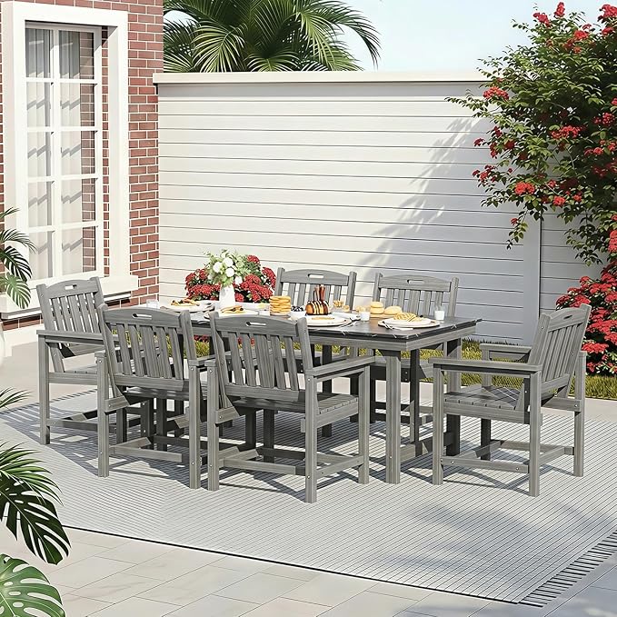 7-Piece HIPS Patio Dining Set, 66.9" W Marble Texture Outdoor Table with Umbrella Hole & 440LBS Capacity & Galvanized Steel Frame, 6 Chairs | 19.7" W, Dining Table Furniture Set for 6, Grey